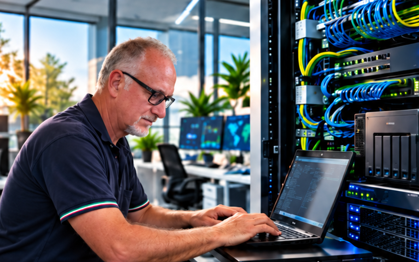 Gianni Posti al lavoro su infrastruttura di rete e firewall